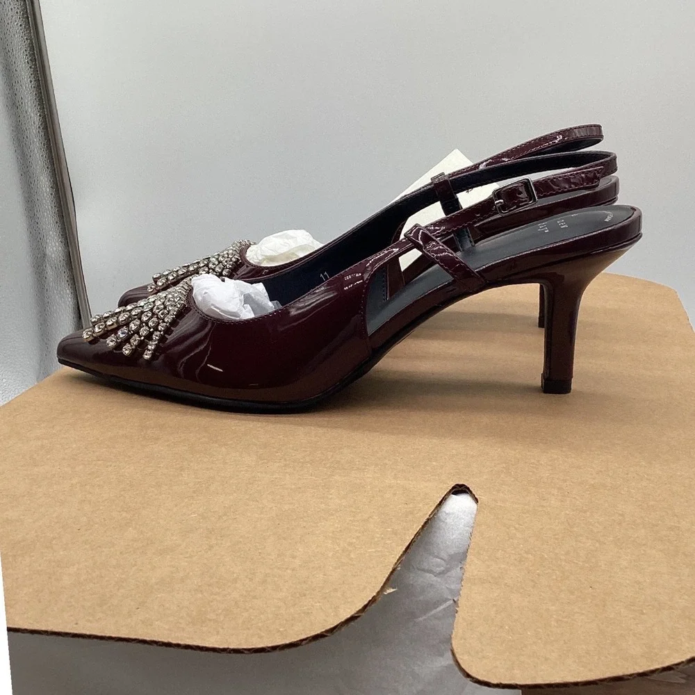 A New Day Womens Burgundy Patent Rhinestone‎ Slingback Kitten Heel Pumps Size 11